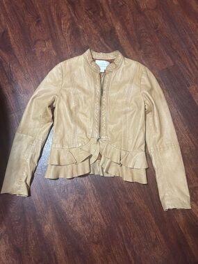 hinge Tan Ruffle-Hem Leather Jacket